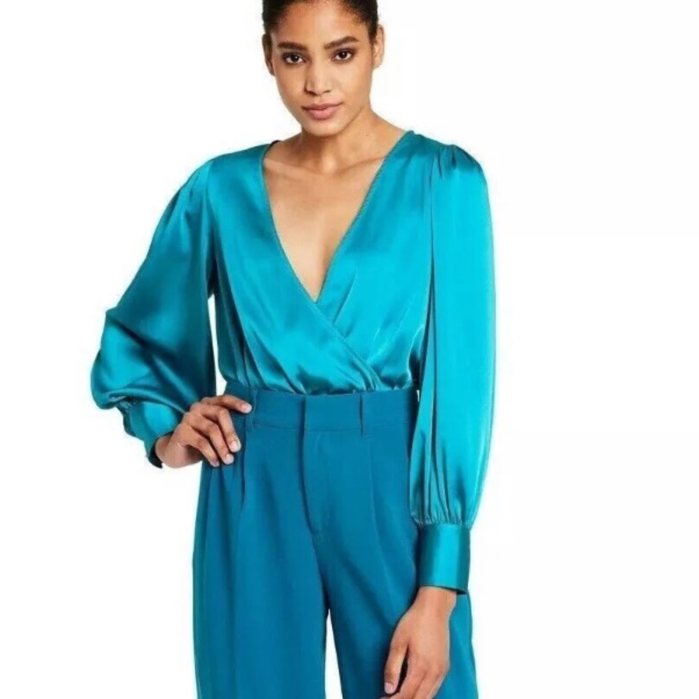 Satin Surplice Long-Sleeve Top in Teal